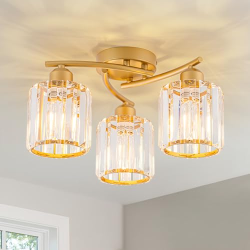 WILON Deckenleuchte Kristall, 3 Flammig Deckenlampe mit Glas Lampenschirm, Gold E27 Deckenlampe, Moderne Lampen Glas für Schlafzimmer, Küche, Flur, Badezimmer von WILON
