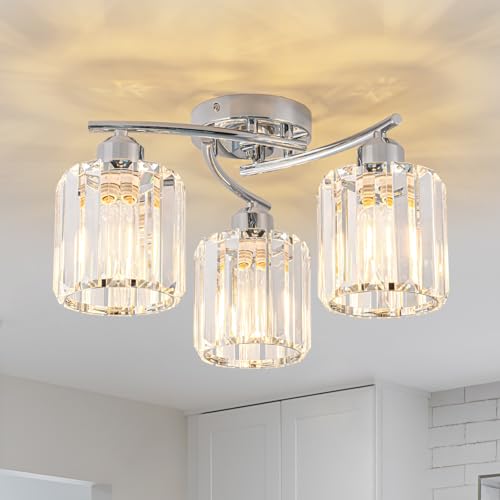 WILON Deckenleuchte Kristall, 3 Flammig Deckenlampe mit Glas Lampenschirm, Weißchrom Moderne Lampen Glas mit E27 Socket, Kristall Kronleuchter für Schlafzimmer, Küche, Flur, Badezimmer von WILON