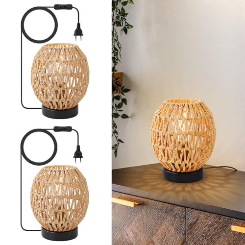 WILON Lampe Wohnzimmer Tischlampe, 2 Stück Rattan Lampenschirm, Kleine Tischlampe mit Stecker, Handgewebte Lampenschirme, E27 Schreibtischlampe Retro, Nachtlicht Lampe für Schalfzimmer, Esszimmer WILON Lampe Wohnzimmer Tischlampe, 2 Stück Rattan Lampenschirm, Kleine Tischlampe mit Stecker, Handgewebte Lampenschirme, E27 Schreibtischlampe Retro, Nachtlicht Lampe für Schalfzimmer, Esszimmer von WILON