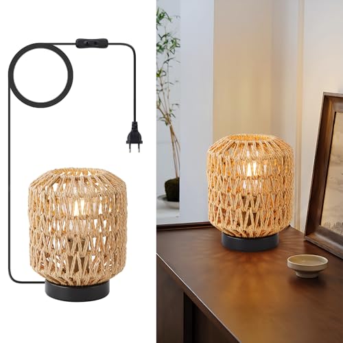 WILON Tisch Lampe, Rattan Lampenschirm Kleine, Tischlampe mit Stecker, E27 Schreibtischlampe Retro, Handgewebte Lampenschirme, Nachtlicht Lampe für Schalfzimmer Kinderzimmer, Esszimmer, Hochzeit von WILON