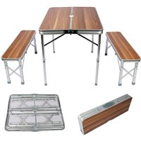 Aluminium Koffertisch mit zwei Bänken Holzdesign 90x66x70 cm klappbar Campingtisch Sitzgruppe von XPOTOOL