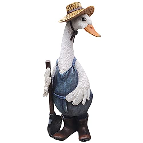 WINBST Deko Gans,Harz Ente mit Schürze und Strohhut Garten Willkommensschild Fleißige Ente Garten-Deko Gartenstecker Figur Terrasse Wetterfest von WINBST