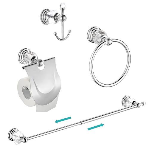 WINCASE Kristall Handtuchstange 61 cm Set, Chrom Badezimmer Hardware Set, Silber 4 Stück Zubehör Wandmontage Kleiderhaken Handtuchring Papierhalter von WINCASE