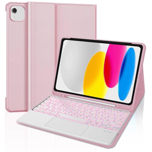 Hülle mit Tastatur für iPad A16 11 Generation 2025 & iPad 10. Generation 10,9 Zoll, Trackpad und 7-Farben-Hintergrundbeleuchtung, Magnetisch abnehmbare Tastatur mit QWERTZ Layout (Rosa-Touchpad) von WINCHKING