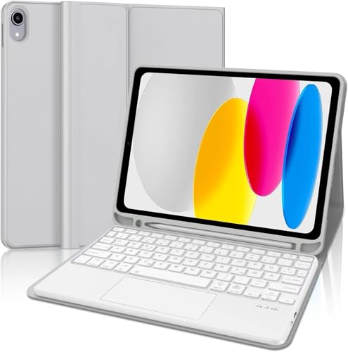Hülle mit Tastatur für iPad A16 11 Generation 2025 & iPad 10. Generation 10,9 Zoll, Trackpad und 7-Farben-Hintergrundbeleuchtung, Magnetisch abnehmbare Tastatur mit QWERTZ Layout (Grau-Touchpad) von WINCHKING