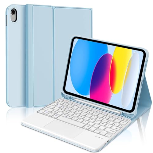 Hülle mit Tastatur für iPad A16 11 Generation 2025 & iPad 10. Generation 10,9 Zoll, Trackpad und 7-Farben-Hintergrundbeleuchtung, Magnetisch abnehmbare Tastatur mit QWERTZ Layout (Himmelblau-Touchpad) von WINCHKING