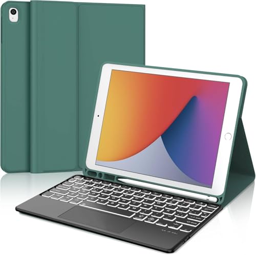 WINCHKING iPad 9 Generation Hülle mit Tastatur 10,2 Zoll für iPad 9/8/7 Gen - Kabellose Abnehmbare Tastatur, Flexibles TPU Hülle mit Stifthalter, QWERTZ Layou (Dunkelgrün-Touchpad) von WINCHKING