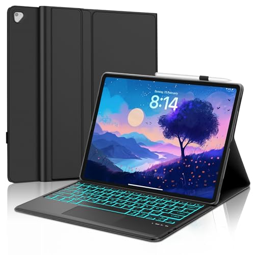 WINCHKING Hülle mit Tastatur iPad Pro 12,9 Zoll 2015/2017 (1./2. Gen) - 7 Farben Beleuchtete Kabellose Abnehmbare Keyboard mit Touchpad Flexibles TPU Hülle, Schwarz von WINCHKING
