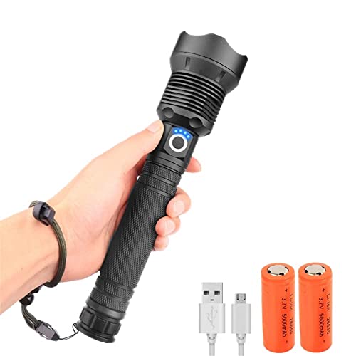 LED Taschenlampe Wiederaufladbare 20000 Lumen Superhelle LED Tactical Military Taschenlampe Einstellbarer Fokus 5 Modi Wasserdichte Handlampe für Camping-Notfallwanderungen von WINDFIRE