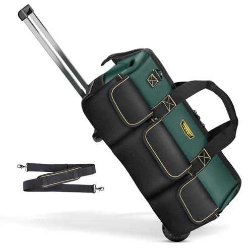 WINNHUNT Werkzeugtasche mit Rollen, 56 cm, mit verstellbarem Teleskopgriff, Werkzeugtasche mit Rollen, 15 Taschen, Grün/Schwarz, geeignet für Werkzeugorganisation von WINHUNT