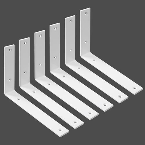 WINKER Regalhalterung, 6 Stück, 20,3 cm L x 20,3 cm H x 3,8 cm B 5 mm dick, strapazierfähig, weiß, 20,3 cm, Metall, Eisen, L-Halterungen für Wandregale von WINKER