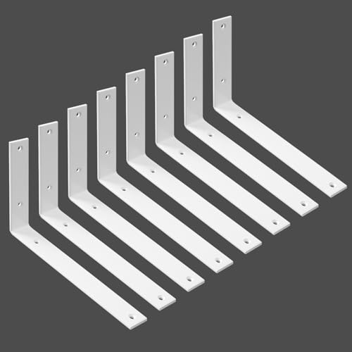 WINKER Regalhalterung, 8 Stück, 20,3 cm L x 20,3 cm H x 1,5 B 5 mm dick, strapazierfähig, weiß, 20,3 cm, Metall, Eisen, L-Halterungen für Wandregale von WINKER