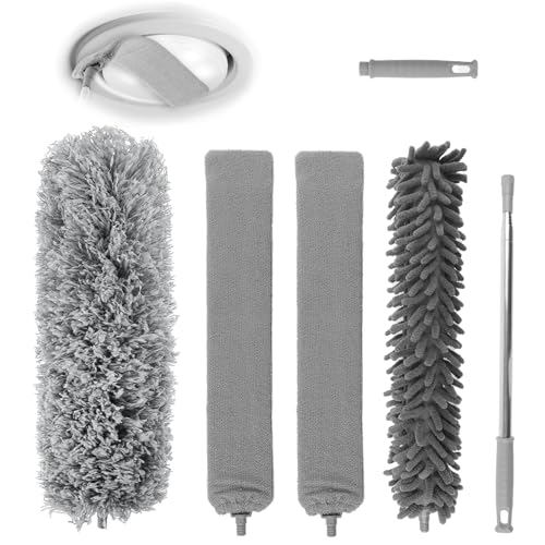 Staubwedel Teleskop, 6er Set Staubwischer Lang Ausziehbar Bis 250cm, Staubbesen Mikrofaser Waschbar mit Teleskop Stange Edelstahl, Verbiegbare Eckbesen für Decken Deckenventilator Spinnweben (Grau) von WINKIO