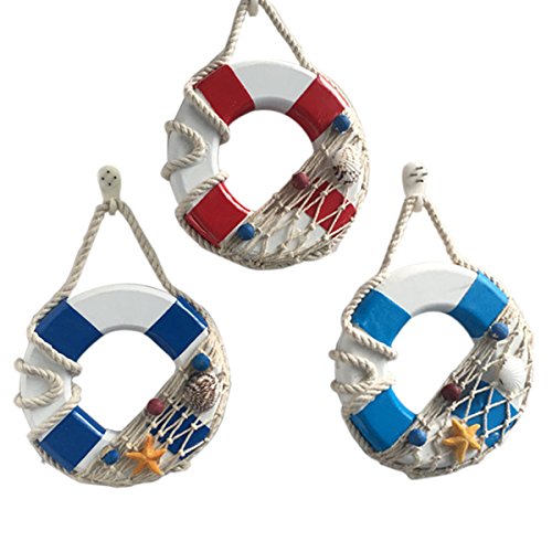 3 StüCk Mediterraner Stil Mini Rettungsring Deko Aus Holz FüR Wand- Und TüRdekoration - HäNgedeko in Rot, Dunkelblau Und Hellblau (13 X 13 cm) von WINOMO
