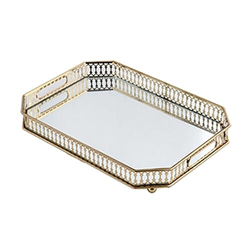 Goldenes Glastablett, Vintage Spiegel Tablett Dekoratives Tablett, Dekoratives Tablett aus Metall, Kosmetisches Tablett aus Glas, 35 x 25 x 5 cm von WINPANG