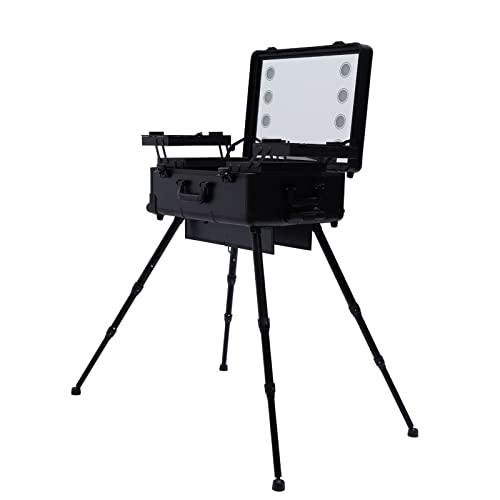 Schminkstation mit LED-Beleuchtung und 3 Ebenen, Professioneller Kosmetikkoffer für Friseur und Nagelstudio, Großer Spiegel mit Rollen und Verstellbarer Höhe, Schwarz - Ideal für Salon und Mobiles Arb von WINPANG