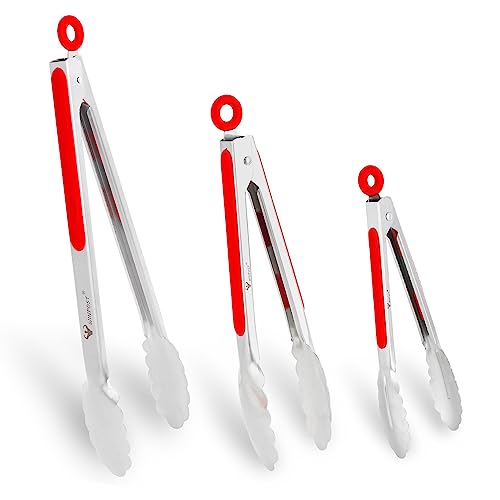 WINPOST Edelstahl-Küchenzangen-Set, 3–21 cm, 27 cm und 34 cm, Edelstahl und rutschfester, hitzebeständiger Griff, ideal zum Kochen, Salat, Grillen und Grillen (21 cm + 27 cm + 34 cm, rot) von WINPOST