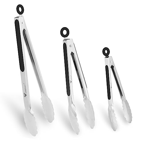 WINPOST Edelstahl-Küchenzangen-Set, 3–21 cm, 27 cm und 34 cm, Edelstahl und rutschfester, hitzebeständiger Griff, ideal zum Kochen, Salat, Grillen und Grillen (21 cm + 27 cm + 34 cm, schwarz) von WINPOST