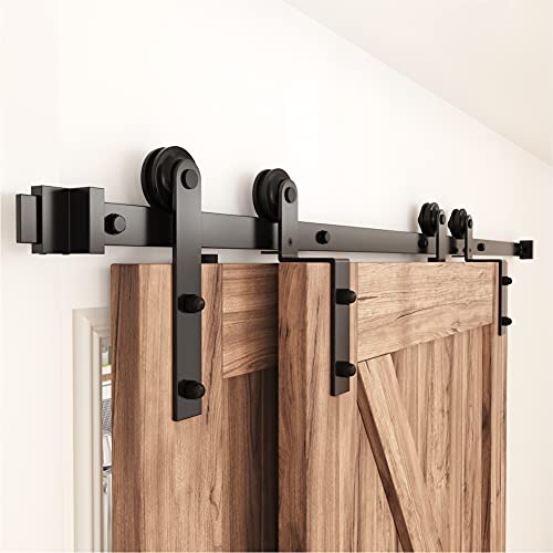 WINSOON 150 cm einläufige Bypass-Schiebetürschiene, Doppeltür-Set, robustes Scheunen-Schiebetür-Schrank-Set, mattierter schwarzer Karbonstahl, passend für Doppeltüren, 75 cm breite Tür von WINSOON