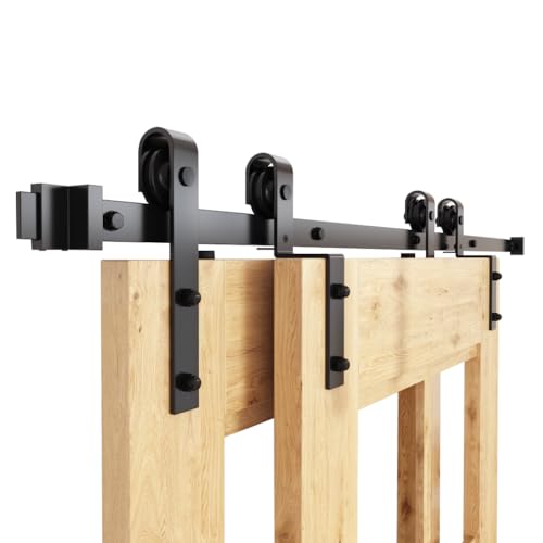 WINSOON 183CM Schiebetürsystem Komplett-Set,Bypass Doppeltür Schwarz Schiebetüren Schiebetürbeschlag Rollen Set für 2 Holztür 91.5cm Breit,J-Form von WINSOON