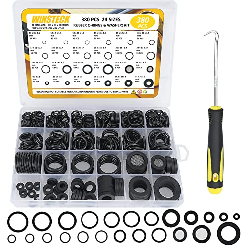 380 Stücke Dichtungsringe Kit, Gummi- und Silikon-Unterlegscheiben in 8 Größen und O-Ring-Set in 16 Größen mit 180°-Voll-Pick- und Hakenwerkzeug, Dichtringe für Reparatur von Wasserhähnen Schläuchen von WINSTECK
