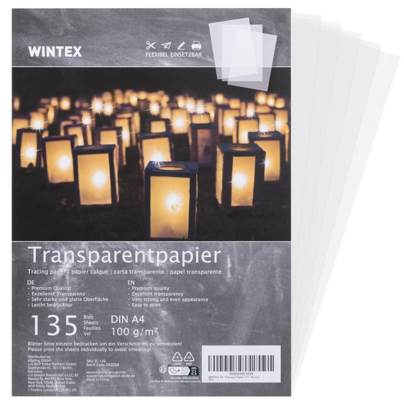 WINTEX Transparentpapier Transparentpapier weiß A4 135 Blatt 100g/m² Pauschpapier Schnittmuster, Pergamentpapier Architektenpapier bedruckbar Pauspapier A4 von WINTEX