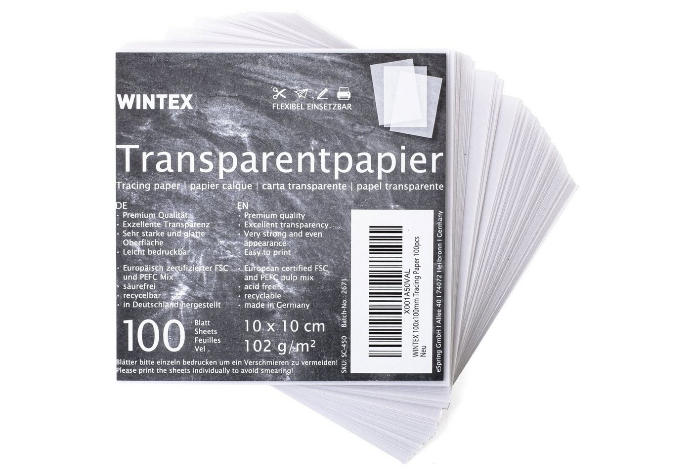 WINTEX Transparentpapier Transparentes Bastelpapier 10x10 cm, 100 Blatt, Transparentes Bastelpapier 10x10 cm, 100 Blatt, weiß & bedruckbar von WINTEX
