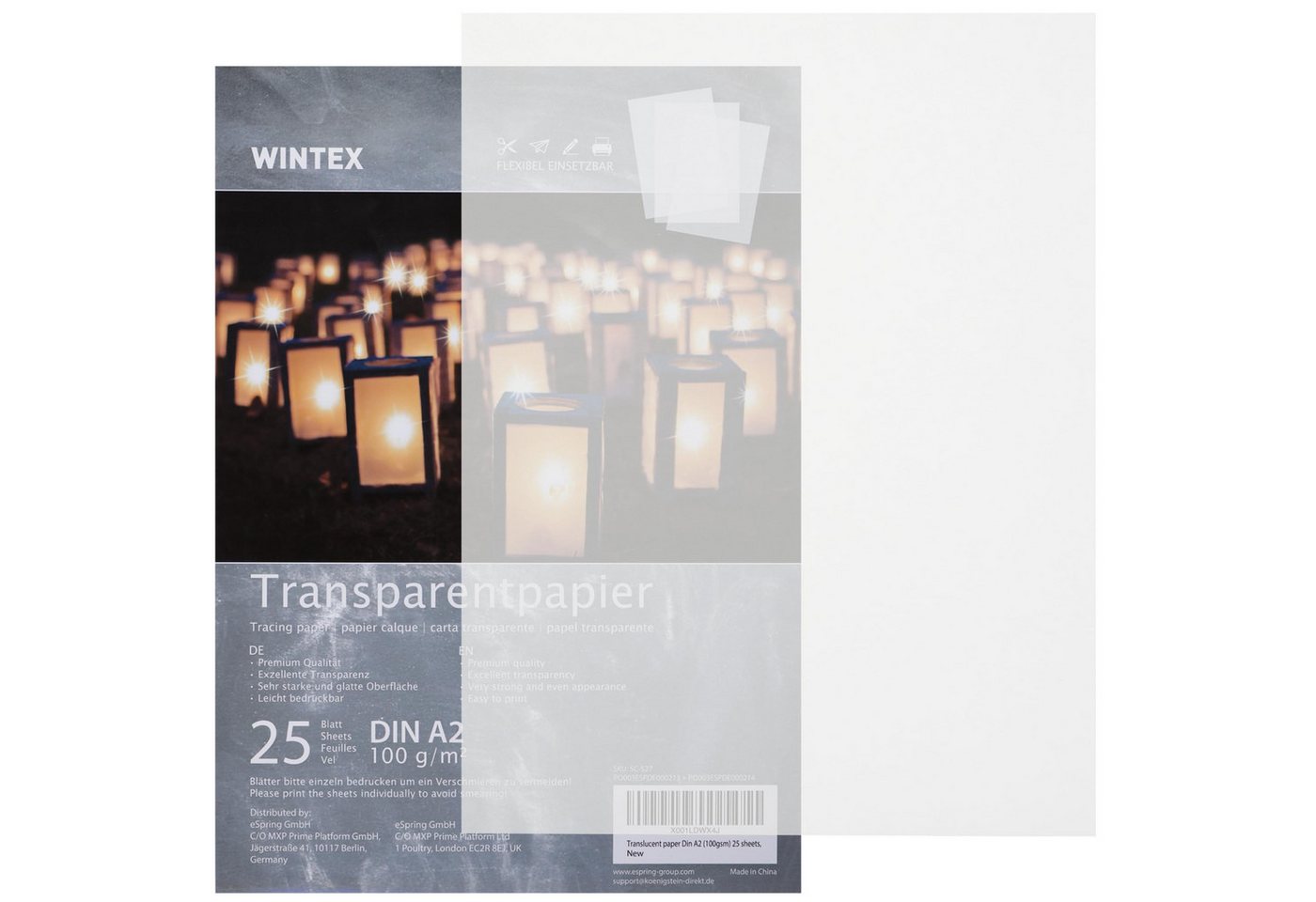 WINTEX Transparentpapier Transparentpapier DIN A2-100 g/qm - weiß & bedruckbar - 25 Stück von WINTEX