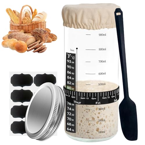 WINUSD Sauerteig Starter Set, 1000ML Sauerteig Starter Glasgefäß mit Aluminium-Deckel, Kreidetafel Etiketten, Fütterung Tag & Zeit Tracker Band, Thermometer, Silikonschaber, genäht Tuch Abdeckung WINUSD Sauerteig Starter Set, 1000ML Sauerteig Starter Glasgefäß mit Aluminium-Deckel, Kreidetafel Etiketten, Fütterung Tag & Zeit Tracker Band, Thermometer, Silikonschaber, genäht Tuch Abdeckung von WINUSD
