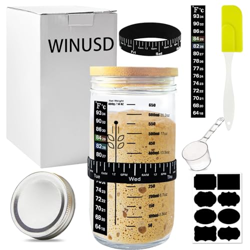 7PCS Sauerteig Starter Kit, 24Oz Sauerteig Starter Glas mit Datum Fütterung Band, Messbecher, Kreidetafel Etikett, Thermometer, Spatel, Aluminium Cap von WINUSD