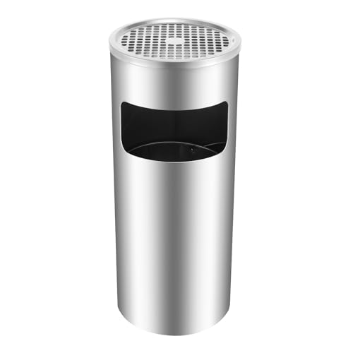 WINZING 15L SILBER-MÜLLEIMER | Rostfreier Stahl Stand-Mülleimer mit Aschenbecher & Tragegriff | Für Innen/Außen (Hof/Terrassen/Büro) | 61x25cm Kompakt & leicht von WINZING