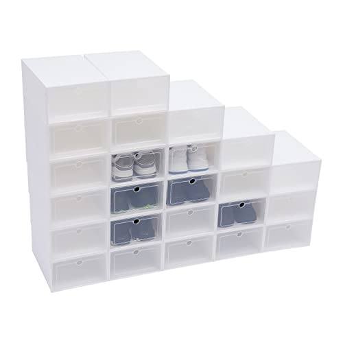 WINZING 24 weiße stapelbare Schuhboxen aus Kunststoff, Transparente Aufbewahrungsboxen mit Deckel für Schuhschrank Organisation (24er Set), Platzsparende Schuhkartons mit Belüftung von WINZING