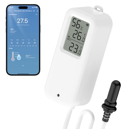 WIOONI 1 Pack WLAN Thermometer, WiFi Hygrometer mit Externem Sensor, Innen Außen für Gewächshaus, Aquarium, Kühlschrank, Sauna, Pool, Arbeit mit der Smart Life/Tuya-App von WIOONI