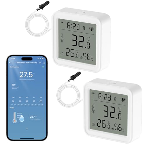 WIOONI 2 Pack WLAN Hygrometer Thermometer Indoor, Humidity Gauge Mit App und Externem Sensor, Luftfeuchtigkeitsmesser Digitaler Temperaturmonitor für Gewächshaus Babyzimmer Keller Reptilien Inkubator von WIOONI