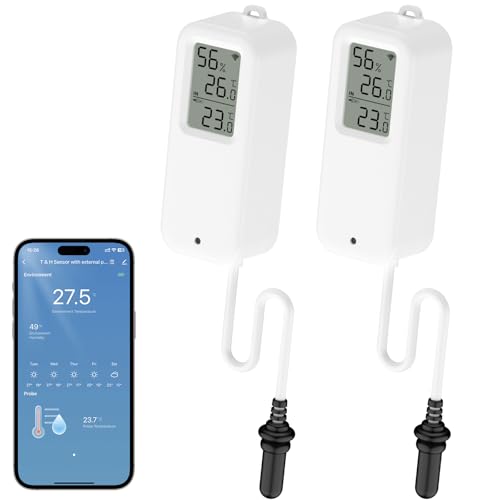 WIOONI 2 Pack WLAN Thermometer, WiFi Hygrometer mit Externem Sensor, Innen Außen für Gewächshaus, Aquarium, Kühlschrank, Sauna, Arbeit mit der Smart Life/Tuya-App von WIOONI