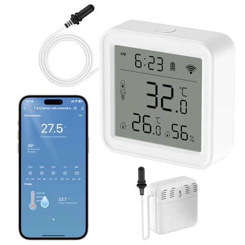 WIOONI WLAN Hygrometer Thermometer Innen, LCD Digital Luftfeuchtigkeitsmesser mit Bildschirm, Externem Sensor und für Gewächshaus Keller Reptilien Inkubator, Arbeit mit Smart Life/Tuya/Alexa von WIOONI