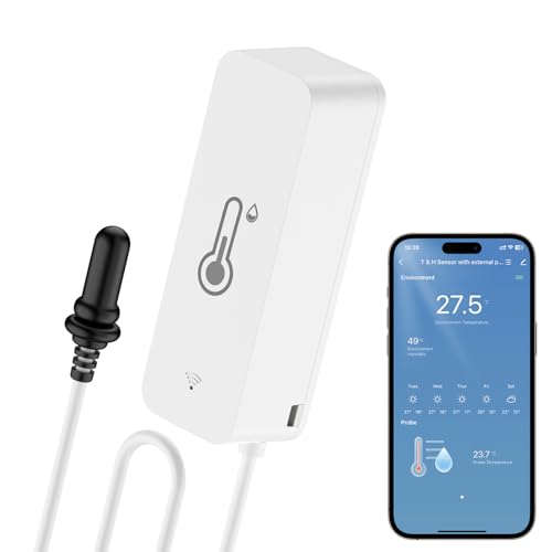 WIOONI WLAN Thermometer Hygrometer Innen Außen, WiFi Temperatursensor mit Externem Sensor und Tuya/Smart Life App für Pool, Teich, Aquarium, Gewächshaus, Kühlschrank, Terrarium von WIOONI