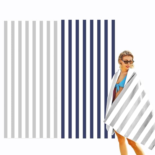 WIOSOUL 2Pack gestreifte Strandtücher für Erwachsene,extragroßes Mikrofaser-Strandtuch 63" x31,5mit Netztasche,schnelltrocknendes Strandtuch,Strandmatte für Pool,Fitnessstudio, (grau/dunkelblau) von WIOSOUL