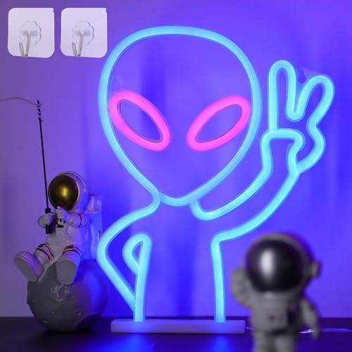 WIOSOUL Alien Neonschild Alien LED Neonschilder Neonschilder Neonlichtschild Alien Neon Light Sign for Wall Decor mit 2 Haken für Schlafzimmer, Leuchtschild, Bar, Party, Hip-Hop, Zuhause (blau/rosa) von WIOSOUL