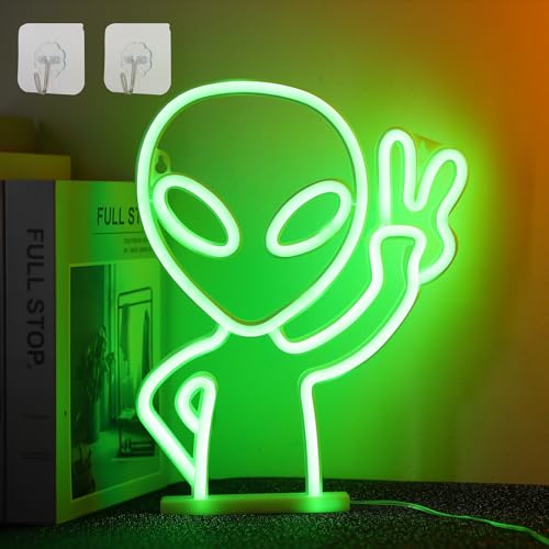 WIOSOUL Alien Neonschild Grüne Alien Neonlichter LED Neonschilder mit 2 Haken USB/3 x AA-betriebene Neon Signs Neonlichtschilder LED Alien Neon Light für Bar Hip Hop Zuhause Party Festival(grün) von WIOSOUL