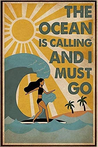 WIPBLAK Lustiges Metall-Blechschild mit Aufschrift "The Ocean is Calling I Must Go", Retro-Metall-Blechschild, Sommer? Surf?Kunst-Poster, Vintage-Schild für Zuhause, Kaffee, Wanddekoration, 20,3 x von WIPBLAK