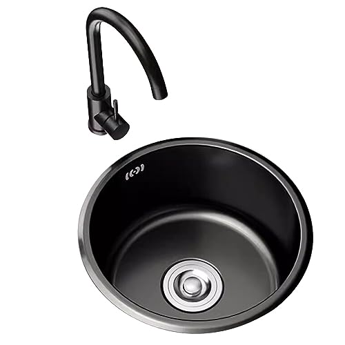 Single Bowl Home Commercial Restaurant Spülmaschinenbecken Kleine Barspüle Edelstahl-Rundspüle mit Wasserhahn Küchenspüle (Farbe: Schwarz, Größe: 41 * 41 cm) von WIQUYBML