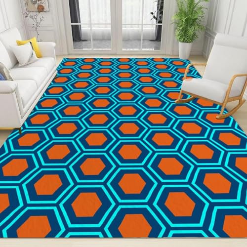 WIQUYBML Orangefarbener Teppich mit entfernten Sechsecken, Abstrakter Blauer geometrischer Videospiel-Teppich mit Spleißen, rutschfeste Kinderteppiche, Polster und Schoner für den Innenbereich, masch von WIQUYBML
