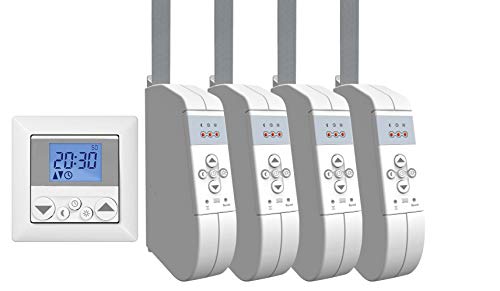 WIR elektronik, eWickler Standard 4 Fenster Funk-Set, eW930-F-M, 4x elektrischer Gurtwickler + 1x Funkuhr eU140, für 15mm Gurtband, Aufputz, bis 45Kg, Fahrtzeiten einstellbar, inkl. Netzstecker von WIR elektronik