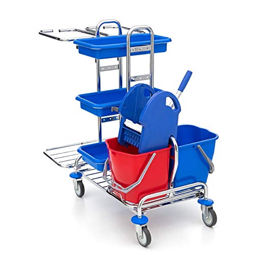 Wisch-Star Chrom Putzwagen Reinigungswagen mit Presse, 2X 17 Liter Eimer, 3X Ablagefächer und 2X 120 Liter Müllsackhalterung von Wisch-Star