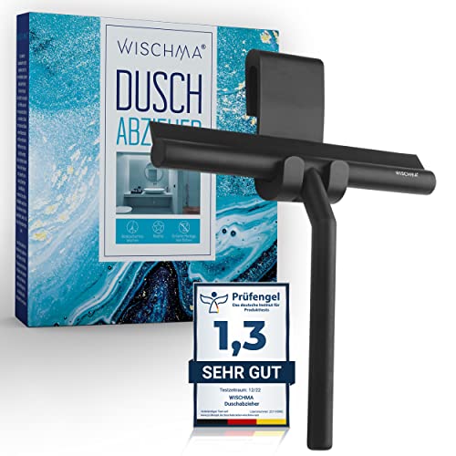WISCHMA [Das Original] Duschabzieher schwarz Silikon − Abzieher Dusche mit Halterung ohne Bohren − Glasabzieher Dusche mit Edelstahl-Kern streifenfreie Duschwand Spiegel, Bad & Scheibenabzieher von WISCHMA