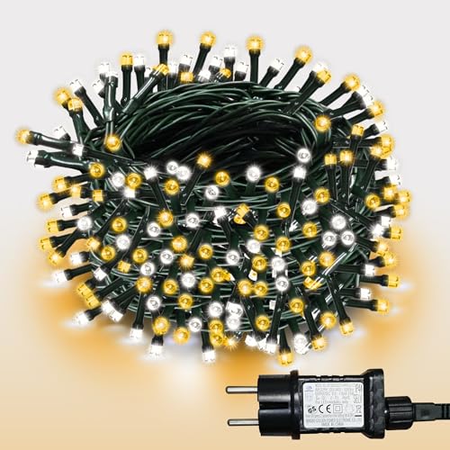 WISD LED Lichterkette 13m, 200er Warmweiß und Weiß - Weihnachtsbeleuchtung auf Dunkelgrün Kabel mit Timer und EU Stecker - Innen und Außen Deko für Weihnachtsbaum, Balkon, Zimmer, Garten von WISD