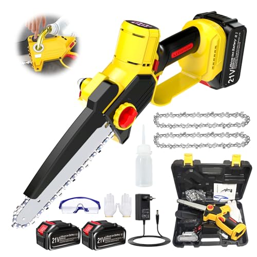 Akku Kettensäge 8 Zoll Mini Kettensäge mit Akku Bürstenlose Einhand Kettensäge 21V Handkettensäge Akku mit Öler und 2 Akku Astsäge Akku mit doppelter Sicherheitsverriegelung, yellow von WISDOM LIFE