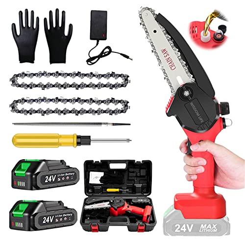 Mini Kettensäge mit Akku Und Ladegerät, 6 Zoll 800W Akku Kettensäge Elektrische mit Öler Einhand Akku Astsäge mit Zwei Akku und 2 Ketten für Garten Astschere Holzschneiden,Red mini chainsaw von WISDOM LIFE