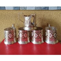 Podstakannik.becherhalter.aluminiumständer Für Ein Glas Heißen Tee.vintage-Geschirr Aus Der Zeit Sowjetunion. Lot Von 4 Plus 1 Bonus von WISEOWLGALA